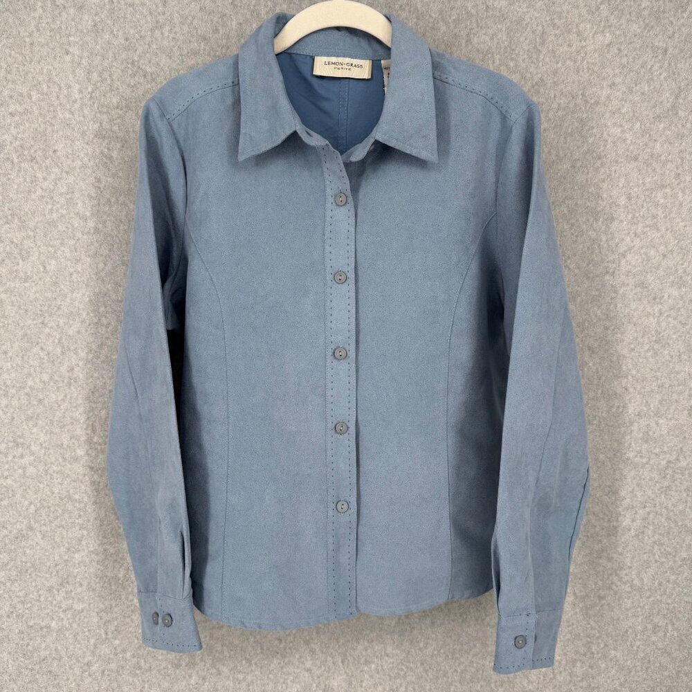 Lemon Grass Womens Washable Suede Button Up Shirt Size L Petite Blue Western NEW